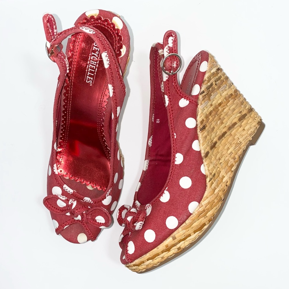 Seychelles Red Polka Dot Peep Toe Wedges